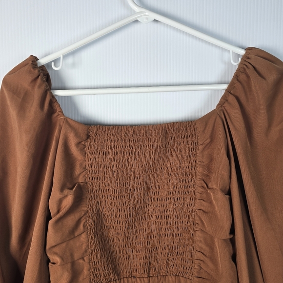 NWT Abercrombie & Fitch Womwn's Ruched Mini Dress Puff Elbow Sleeve Cognac SizeS - Picture 11 of 14